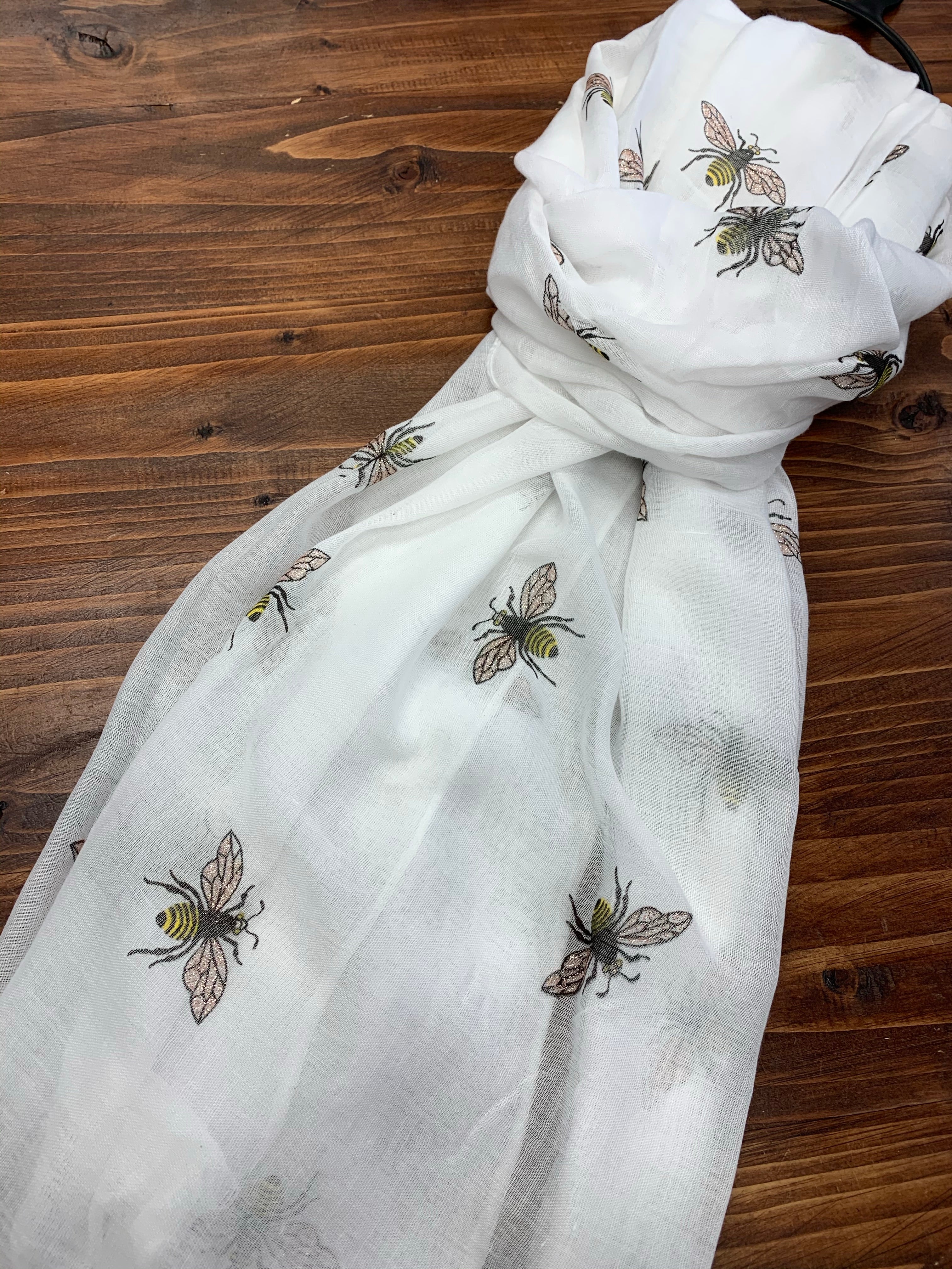 Bee Printed White Scarf with Glitter Wings
