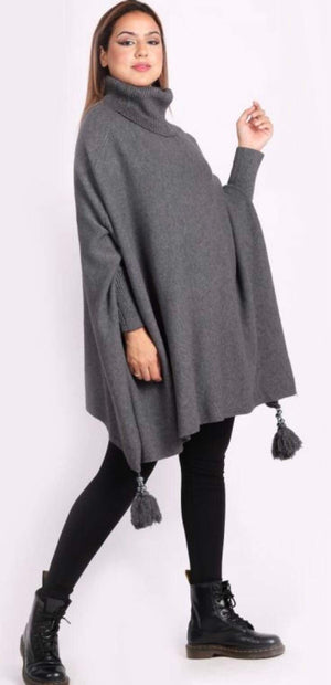 Oversized Cowl Neck Poncho Jumper with Tassels