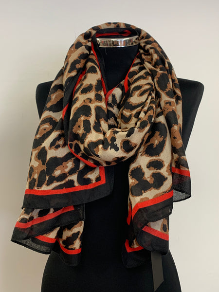 Large Leopard Print Scarf with Black Red Border Wonky Donkey