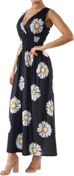 Black Bold Daisy Design Shirred Sleeveless Dress (10-16/18)