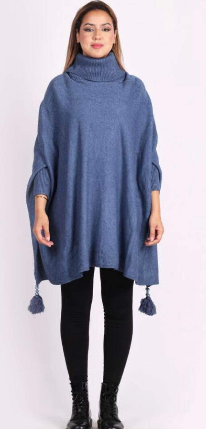 Oversized Cowl Neck Poncho Jumper with Tassels