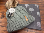 Grey Pom Pom Hat & Tree of Life Scarf Set