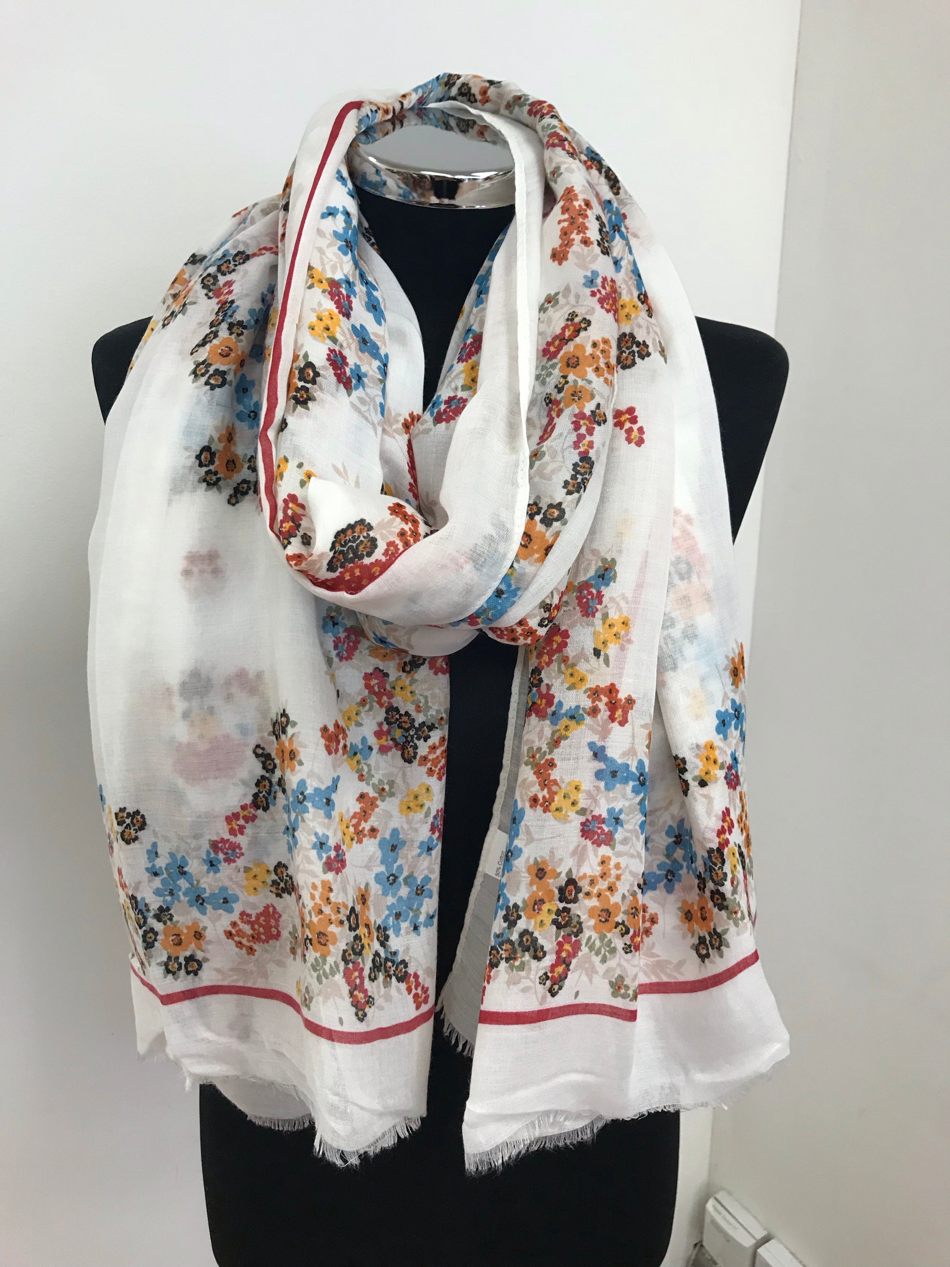 White Ditsy Floral Scarf with Red Border